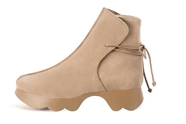 Tan beige women's ankle boots with laces at the back.. Profile view - Florence KOOIJMAN
